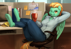 Size: 3126x2184 | Tagged: safe, artist:audrarius, lightning dust, anthro, pegasus, unguligrade anthro, chair, chips, clothes, coffee, cup, female, food, looking at you, office, one eye closed, pants, potato chips, smiling, solo, thighs, wink