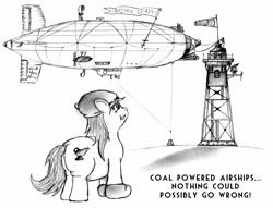 Size: 2576x1964 | Tagged: safe, artist:pitpone, oc, oc only, oc:pit pone, airship, ask, british, chubby, coal, english, fat, gravy, gravy boat, hat, imminent explosion, monochrome, plot, solo, the ass was fat, this will not end well, tower, tumblr, zeppelin