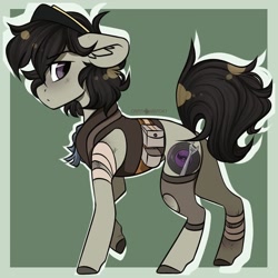 Size: 1050x1050 | Tagged: safe, artist:crimmharmony, oc, oc only, oc:octave slav, earth pony, pony, fallout equestria, bandage, bandana, clothes, green background, injured, looking back, male, neckerchief, simple background, solo, stallion, vest