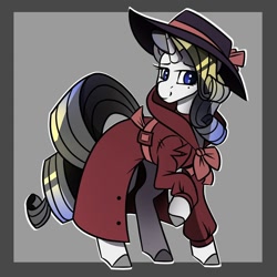 Size: 1050x1050 | Tagged: safe, artist:crimmharmony, oc, oc:shadow spade, pony, unicorn, fallout equestria, fallout equestria: kingpin, beauty mark, blank, blank of rarity, blue eyes, clothes, coat, commissioner:genki, detective, detective rarity, gray background, hat, justice mare, lawbringer, not rarity, simple background, solo, standing, trenchcoat, unicorn oc