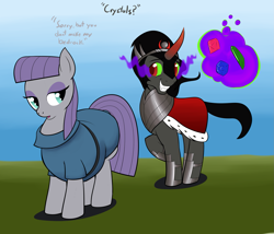 Size: 2033x1739 | Tagged: safe, artist:calorie, king sombra, maud pie, earth pony, pony, umbrum, unicorn, boulder buns, butt, chubby, clothes, crown, crystal, cute, dialogue, dress, duo, duo male and female, fat, female, flirt, flirting, grin, jewelry, magic, male, mare, maud pudge, plot, pun, raised hoof, regalia, rock joke, smiling, sombradorable, squee, stallion, standing, telekinesis, the ass was fat