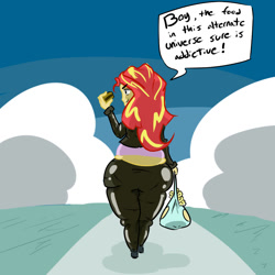 Size: 1000x1000 | Tagged: safe, artist:magicstraw, sunset shimmer, equestria girls, ass, bag, burger, fat, food, hamburger, slobset shimmer, solo, stuffed, the ass was fat, wide hips