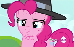 Size: 989x632 | Tagged: safe, pinkie pie, earth pony, pony, acne, brony, chubby, euphoric, fat, fedora shaming, final draft, hat, hub logo, neckbeard, op is trying to start shit, pimple, solo, trilby