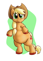 Size: 2480x3507 | Tagged: safe, artist:darkhestur, applejack, earth pony, pony, applefat, bipedal, chubby, cute, fat, freckles, hat, jackabetes, looking at you, plump, solo, unshorn fetlocks