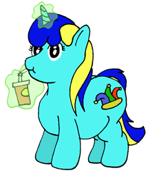 Size: 913x1046 | Tagged: safe, artist:fatponysketches, oc, oc only, oc:jester bells, drinking, fat, filly, hay burger, magic, solo, tumblr