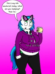 Size: 2416x3272 | Tagged: safe, artist:americananomaly, dj pon-3, vinyl scratch, anthro, anthroquestria, chubby, dialogue, ear piercing, fat, gradient background, headphones, piercing, sandwich, solo, speech bubble