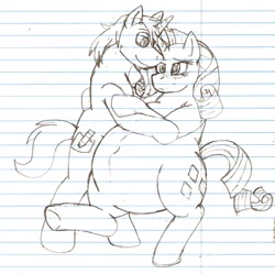 Size: 1275x1269 | Tagged: safe, artist:aaronwolf17, rarity, oc, oc:rough sketch, pony, unicorn, canon x oc, chubby, fat, holding, lined paper, monochrome, raritubby, traditional art