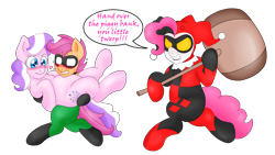 Size: 2700x1528 | Tagged: safe, artist:blackbewhite2k7, diamond tiara, pinkie pie, scootaloo, pony, batman, bipedal, carrying, chase, chubby diamond, dc comics, fat, harley quinn, mallet, robin, running, simple background, transparent background, tumblr crossover, vector