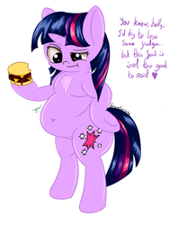 Size: 1600x1920 | Tagged: safe, artist:php33, twilight sparkle, semi-anthro, belly button, chest fluff, chubby, chubby twilight, eating, fat, omnivore twilight, solo, that pony sure does love burgers, twilard sparkle, twilight burgkle, weight gain