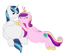 Size: 1280x1071 | Tagged: safe, artist:8aerondight8, princess cadance, shining armor, alicorn, pony, unicorn, belly, bhm, big belly, eyes closed, fat, female, happy, hoof on belly, male, mare, not pregnant, pregnant, shining blubber, shiningcadance, shipping, smiling, stallion, straight