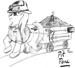 Size: 2588x2355 | Tagged: safe, artist:pit pone, oc, oc only, oc:pit pone, ask, chubby, clothes, coal, davy lamp, fat, gravy boat, hard hat, hat, headlamp, helmet, lamp, light, minecart, miner, mining helmet, monochrome, pickaxe, shirt, shovel, signature, solo, tumblr