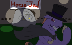 Size: 800x500 | Tagged: safe, artist:calorie, oc, oc only, oc:calorie, bhm, blob, cape, clothes, dastardly whiplash, evil grin, fat, guard, hat, jailbreak, moustache, pony too big for container, top hat