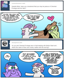 Size: 1024x1246 | Tagged: safe, artist:catfood-mcfly, sweetie belle, oc, oc:candy skies, oc:checked privilege, oc:fat shamed, chubby, cute, earring, fat, fury belle, heart, hypocritical humor, looking at you, parody, social justice warrior