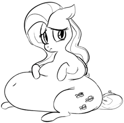 Size: 1017x1009 | Tagged: safe, artist:dotkwa, fluttershy, pegasus, pony, belly button, fat, fattershy, monochrome, solo