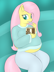 Size: 1716x2308 | Tagged: safe, artist:lamia, fluttershy, anthro, :t, bbw, belly, big belly, clothes, cute, eating, fat, food, hips, ice cream, looking at you, muffin top, preggoshy, pregnant, sitting, smiling, solo, sweatershy, thighs, thunder thighs