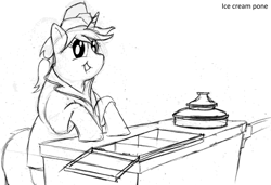 Size: 2343x1602 | Tagged: safe, artist:fatponysketches, oc, oc only, ice cream pony, belly, cart, chubby, clothes, fat, hat, ice cream, ice cream salesmare, monochrome, solo