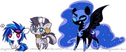 Size: 1507x623 | Tagged: safe, artist:ponymonster, dj pon-3, nightmare moon, vinyl scratch, zecora, alicorn, pony, unicorn, zebra, chibi, red eyes