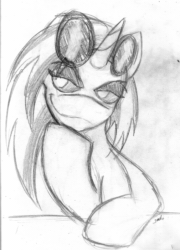 Size: 575x800 | Tagged: safe, artist:saliantsunbreeze, dj pon-3, vinyl scratch, pony, unicorn, bust, female, looking sideways, mare, monochrome, smiling, smirk, solo