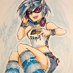 Size: 516x515 | Tagged: safe, artist:slifertheskydragon, dj pon-3, vinyl scratch, human, clothes, cropped, denim skirt, eared humanization, female, furry leg warmers, headphones, horned humanization, humanized, leg warmers, midriff, rave, skirt, solo, traditional art