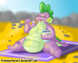 Size: 1506x1229 | Tagged: safe, artist:professordoctorc, spike, dragon, beach, belly, big belly, blanket, eating, fat, fat spike, ice cream, male, solo, sweat