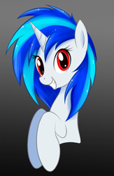 Size: 833x1280 | Tagged: dead source, safe, artist:grumblepluck, dj pon-3, vinyl scratch, pony, unicorn, female, gradient background, mare, smiling, solo