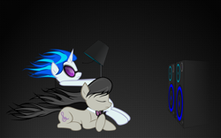 Size: 1920x1200 | Tagged: safe, artist:kurokaji11, dj pon-3, octavia melody, vinyl scratch, earth pony, pony, unicorn, abstract background, chair, eyes closed, female, lamp, lesbian, mare, maxell, parody, prone, scratchtavia, shipping, sitting, speakers, wallpaper, windswept mane