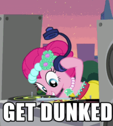 Size: 366x406 | Tagged: safe, edit, edited screencap, screencap, dj pon-3, pinkie pie, vinyl scratch, earth pony, pony, unicorn, a canterlot wedding, animated, bipedal, bridesmaid dress, clothes, dress, duo, duo female, female, gif, headphones, image macro, mouth hold, record, turntable