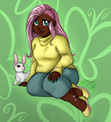 Size: 1280x1400 | Tagged: safe, artist:collaredginger, angel bunny, fluttershy, human, chubby, clothes, dark skin, fat, humanized, sweater, sweatershy, undercut
