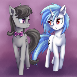 Size: 1280x1280 | Tagged: safe, artist:7nights, artist:7nightsfuntimes, dj pon-3, octavia melody, vinyl scratch, earth pony, pony, unicorn, female, gradient background, lesbian, looking at each other, mare, scratchtavia, shipping, walking