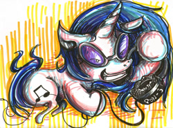 Size: 800x593 | Tagged: safe, artist:hayhedgehoghay, dj pon-3, vinyl scratch, pony, unicorn, female, grin, headphones, mare, prone, smiling, solo