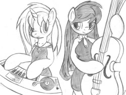 Size: 800x603 | Tagged: safe, artist:tg-0, dj pon-3, octavia melody, vinyl scratch, anthro, arm hooves, cello, clothes, dress, duo, duo female, female, monochrome, musical instrument, smiling, turntable