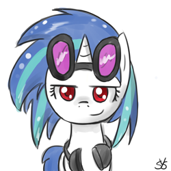 Size: 900x900 | Tagged: safe, artist:speccysy, dj pon-3, vinyl scratch, pony, unicorn, bedroom eyes, female, goggles, headphones, mare, simple background, smiling, smirk, solo, white background