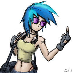 Size: 900x900 | Tagged: safe, artist:johnjoseco, artist:michos, dj pon-3, vinyl scratch, human, clothes, female, fingerless gloves, gloves, headphones, humanized, middle finger, midriff, simple background, skinny, solo, vulgar, white background