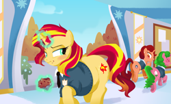 Size: 4000x2436 | Tagged: safe, artist:mellowhen, sunset shimmer, pony, unicorn, equestria girls, belly, blushing, clothes, eating, fat, fatty autumn art pony pack, glare, hallway, high res, large butt, magic, messy eating, muffin, plot, princess celestia's school for gifted unicorns, school uniform, schoolgirl, show accurate, slobset shimmer, snickering, sweater, telekinesis, tree