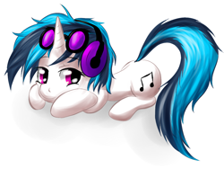 Size: 1024x768 | Tagged: safe, artist:snus-kun, dj pon-3, vinyl scratch, pony, unicorn, female, headphones, mare, prone, simple background, solo, white background