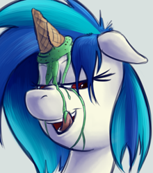 Size: 1387x1573 | Tagged: safe, artist:okiedokielowkey, dj pon-3, vinyl scratch, pony, unicorn, bust, dropped ice cream, female, floppy ears, ice cream, ice cream horn, licking, lidded eyes, mare, solo