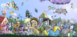 Size: 1300x627 | Tagged: safe, artist:saturnspace, applejack, berry punch, berryshine, big macintosh, bon bon, carrot top, cheerilee, cloudchaser, derpy hooves, discord, dj pon-3, doctor whooves, firefly, flitter, fluttershy, golden harvest, limestone pie, lucky clover, lyra heartstrings, marble pie, minuette, octavia melody, pinkie pie, princess cadance, princess celestia, princess luna, queen chrysalis, rainbow dash, rarity, shining armor, soarin', spike, spitfire, star hunter, sunny rays, sunshower raindrops, surprise, sweetie drops, thunderlane, trixie, twilight sparkle, unicorn twilight, vinyl scratch, wild fire, zecora, alicorn, changeling, changeling queen, dragon, earth pony, nymph, pegasus, pony, unicorn, zebra, g1, adorabon, adoraprise, airship, baby, baby dragon, berrybetes, blank flank, book, carrying, cewestia, cheeribetes, cloud, colored pupils, colt, computer, computer mouse, cute, cutealis, cutedance, cutefire, cutelestia, dashabetes, derpabetes, diapinkes, diatrixes, discord whooves, discute, doctorbetes, drool, eyes closed, female, filly, flitterbetes, floppy ears, flower, flyabetes, foal, food, fruit, g1 to g4, generation leap, glasses, grin, hug, jack harkness, jackabetes, jewelry, laptop computer, limabetes, lunabetes, lyrabetes, macabetes, male, marblebetes, mare, minubetes, mountain, muffin, mug, one eye closed, open mouth, pear, pie, pie sisters, ponyville schoolhouse, raribetes, reading, regalia, scared, school, shyabetes, sleeping, smiling, smirk, soarinbetes, spikabetes, stallion, tavibetes, that pony sure does hate pears, the twilight zone, thunderbetes, twiabetes, upside down, vinylbetes, wall of tags, woona, younger, zecorable