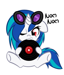 Size: 1024x1195 | Tagged: safe, artist:bamboodog, dj pon-3, vinyl scratch, pony, unicorn, female, filly, floppy ears, nom, one eye closed, simple background, sitting, solo, transparent background, wrong eye color