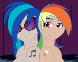 Size: 1000x800 | Tagged: safe, artist:kloudmutt, dj pon-3, rainbow dash, vinyl scratch, human, alternative cutie mark placement, back to back, bare shoulders, duo, duo female, female, humanized, shoulder cutie mark