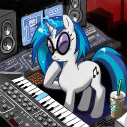 Size: 900x900 | Tagged: safe, artist:johnjoseco, dj pon-3, vinyl scratch, pony, unicorn, background pony, coffee, female, keyboard, magic, mare, musical instrument, solo, speakers, starbucks, synthesizer, telekinesis