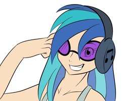 Size: 960x768 | Tagged: safe, artist:kloudmutt, dj pon-3, vinyl scratch, human, female, grin, headphones, humanized, simple background, smiling, solo, white background