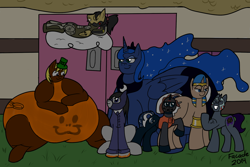 Size: 1500x1000 | Tagged: safe, artist:facade, princess luna, oc, oc:facade, oc:hot fudge, oc:joey butterscotch, oc:night blossom, oc:shirosake, oc:unusual crate, alicorn, pony, artyom, clothes, costume, fat, jetstream sam, konami, luchador, metal gear, metal gear rising, metro 2033, nightmare night, pharaoh, pumpkin, spy, team fortress 2