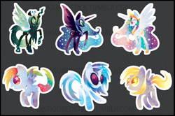 Size: 1154x764 | Tagged: safe, artist:disfiguredstick, derpy hooves, dj pon-3, nightmare moon, princess celestia, queen chrysalis, rainbow dash, vinyl scratch, alicorn, changeling, changeling queen, pegasus, pony, unicorn, female, mare