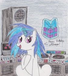 Size: 2268x2534 | Tagged: safe, artist:darkknightwolf2011, dj pon-3, vinyl scratch, pony, unicorn, female, high res, mare, mixing console, present, sitting, solo, traditional art, turntable