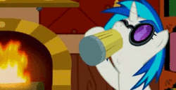 Size: 320x165 | Tagged: safe, artist:nomorethan9, dj pon-3, vinyl scratch, pony, unicorn, animated, cider, drinking, epic wub time, female, fireplace, mare, reaction image, solo, wat