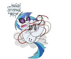 Size: 1000x833 | Tagged: safe, artist:klondike, dj pon-3, vinyl scratch, pony, unicorn, annoyed, censored vulgarity, entangled, female, grawlixes, legs in air, mare, on back, open mouth, plot, simple background, solo, speech bubble, swearing, tangled up, white background, wires
