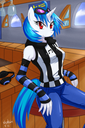 Size: 852x1280 | Tagged: safe, artist:skykain, dj pon-3, vinyl scratch, anthro, unicorn, clothes, detached sleeves, female, headphones, looking at you, pants, red eyes, shirt, solo