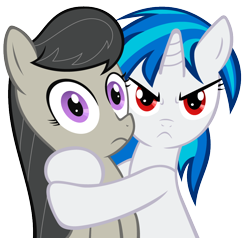 Size: 868x827 | Tagged: safe, artist:kirotalon, artist:madmax, edit, dj pon-3, octavia melody, vinyl scratch, earth pony, pony, unicorn, female, hooves, horn, hug, lesbian, looking at you, mare, mine!, possessive, scratchtavia, shipping, simple background, transparent background, vector, wrong eye color