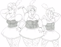 Size: 3267x2541 | Tagged: safe, artist:catstuxedo, pinkie pie, rainbow dash, rarity, human, fat, horned humanization, humanized, monochrome, pudgy pie, showgirl, winged humanization