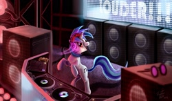 Size: 2166x1269 | Tagged: safe, artist:tsitra360, dj pon-3, vinyl scratch, pony, unicorn, equestrian innovations, headphones, solo, speakers